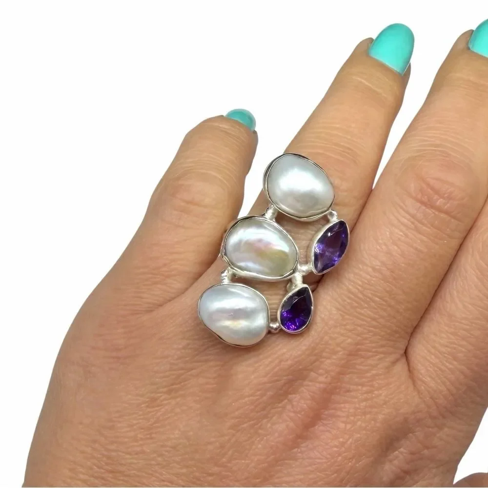 Genuine Pearl Amethyst Ring Size 8 Solid 925 Sterling Silver